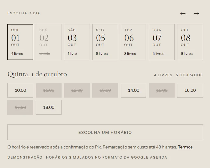 Modelo por dias: fileira com os próximos dias e os horários do dia escolhido.