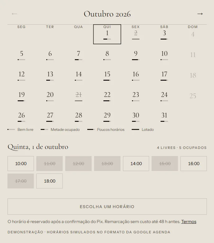 Modelo calendário do mês: cada dia com uma barra de ocupação, e os horários do dia escolhido abaixo.